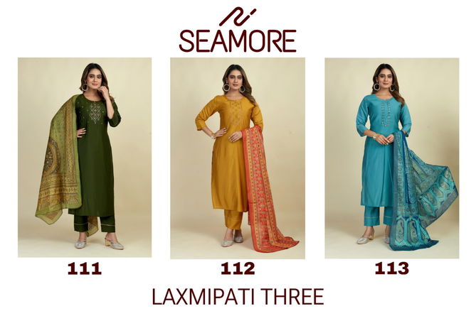 LaxmiPati Three By Seamore 111 To 113 Embroidery Kurti With Bottom Dupatta Wholesalers In Delhi